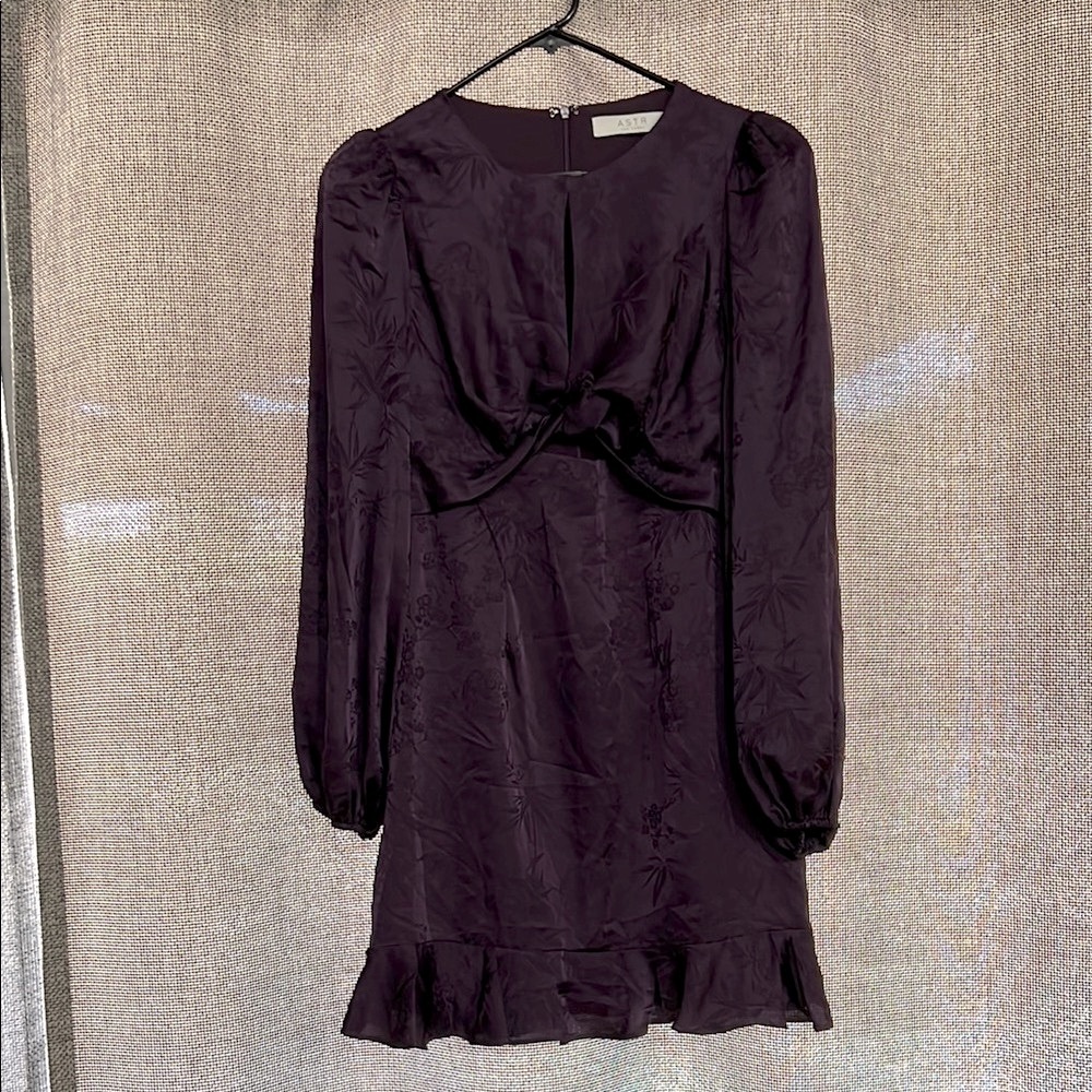 ASTR The Label Twist Keyhole Long Sleeve Satin Mini Dress in Dark Plum Dress